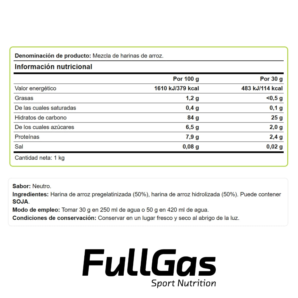 FULLGAS Crema de Arroz Neutra 1kg | Fuente de carbohidratos de fácil digestión