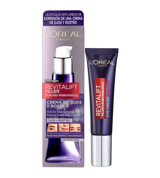 L'OREAL PARIS Crema Antiedad de Ojos y Rostro Revilafit Filler 30ML Con Ácido Hialurónico, Rellena Arrugas e Hidrata Intensamente, Eficacia Multizona