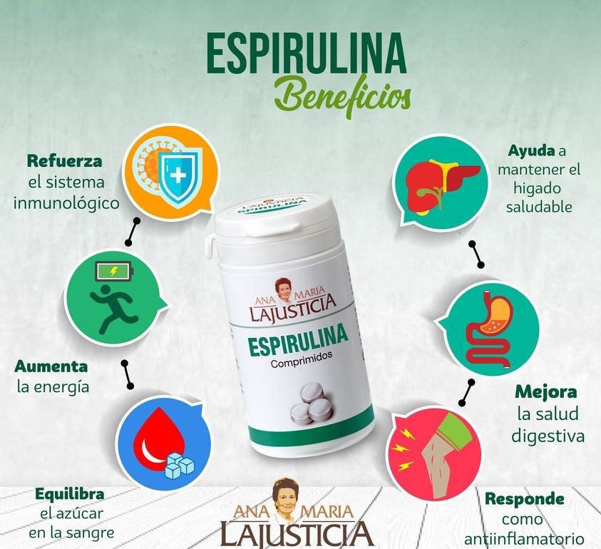 ANA MARÍA LAJUSTICIA Espirulina - Alimento rico en vitaminas, minerales y proteínas de alto valor biológico. 160 Comprimidos