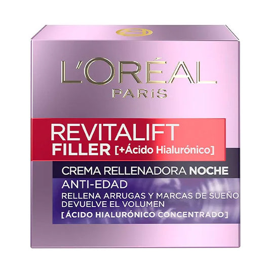 L'OREAL PARIS Revitalift Filler Crema De Noche | Crema de noche Rellenadora anti-edad con Ácido Hialurónico 50ML