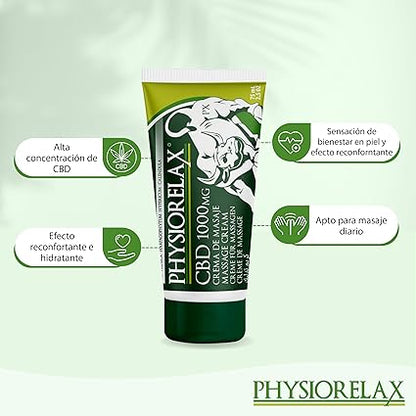 PHYSIORELAX Crema CBD Cannabidiol 1000mg - Crema de Masaje con Aceites Esenciales 75 ml