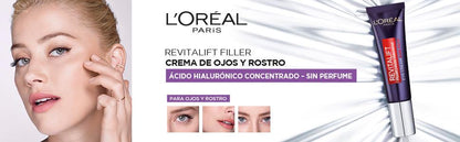 L'OREAL PARIS Crema Antiedad de Ojos y Rostro Revilafit Filler 30ML Con Ácido Hialurónico, Rellena Arrugas e Hidrata Intensamente, Eficacia Multizona